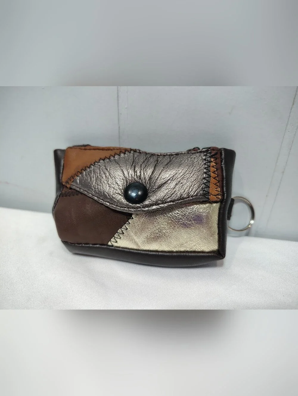 Vintage Brown Patchwork Leather Key Ring Wallet Coin Pouch Zig Zag Stitch